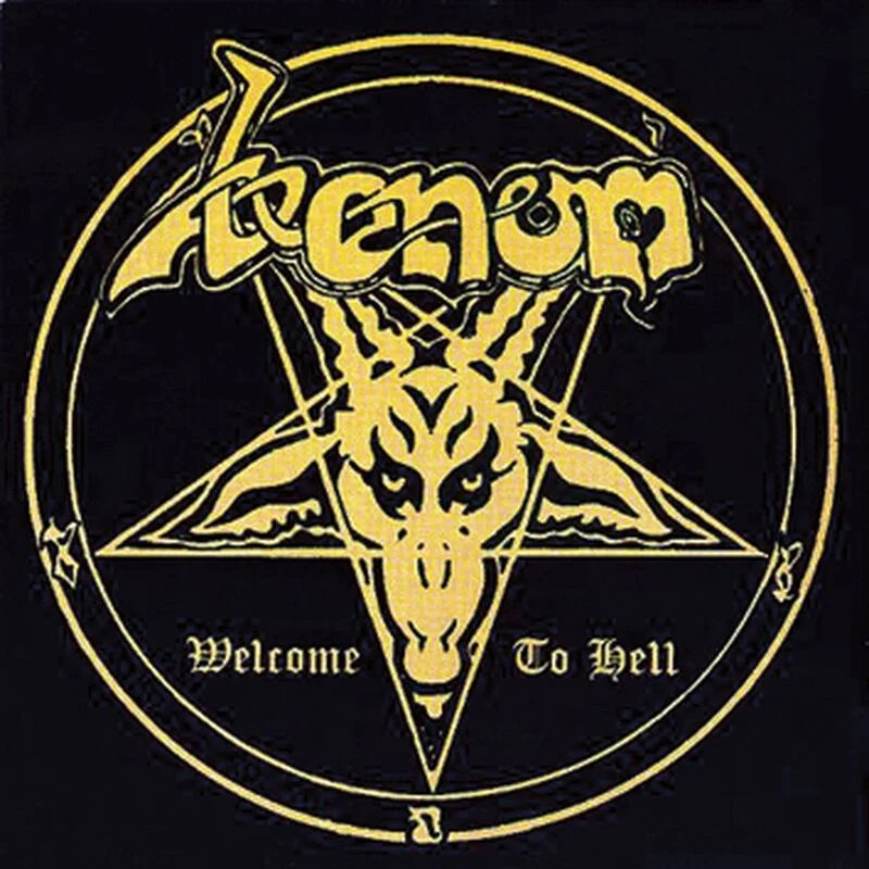 Jaquette de l'album de Venom Welcome To Hell, qui montre une tête de bouc superposée à un sceau de Baphomet.